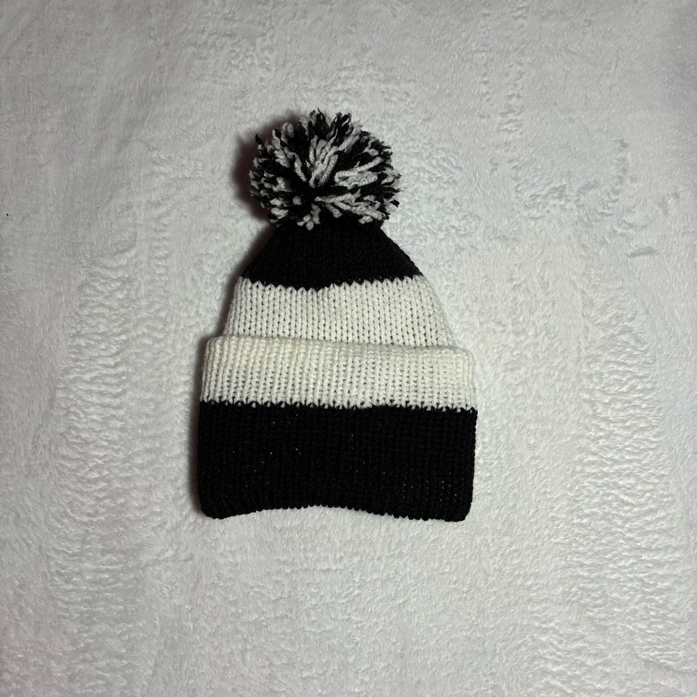 Homemade Knitted Black and White Pom-Pom Knit Beanie for Kids